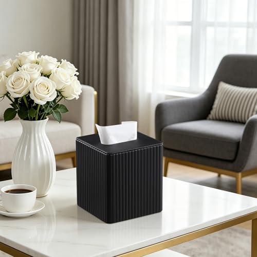 PU Leather Tissue Box Cover Square Tissue Box Holder with Magnetic Closure (Black Fluted) - color: Black Fluted