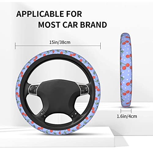 Purple Cherry Steering Wheel Cover for Women Men with 2 Pcs Car Coasters, Universal 14.5-15 Inch Rainbow Steering Wheel Covers Non-Slip Car Accessories for Girls - color: cherry