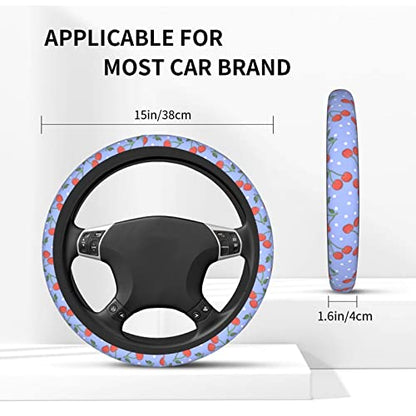 Purple Cherry Steering Wheel Cover for Women Men with 2 Pcs Car Coasters, Universal 14.5-15 Inch Rainbow Steering Wheel Covers Non-Slip Car Accessories for Girls - color: cherry