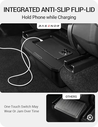 BASENOR Tesla Model Y Juniper Rear Center Console Organizer, TPE Dustproof Trash Can with Anti-Slip Lid, Garbage Bin Backseat Storage Box for 2025 2026 Model Y
