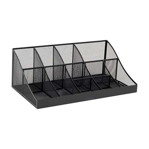 Mind Reader Countertop Organizer, 2 Tier Mesh Storage Caddy with 11 Compartments for Office Supplies, Breakroom Essentials, and Snacks - color: Black Metal