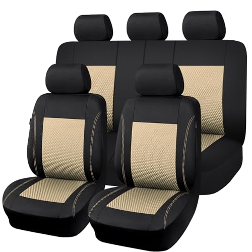 Flying Banner car seat Covers Full Set Velvet Cubic Stamp Massage Breathable Rear Bench Split Black Gray Beige tan 40/60 50/50 60/40 (Full Set - Low Back, Black Beige) - color: Black Beige