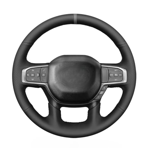 MEWANT Hand Stitch Black Genuine Leather Steering Wheel Wrap for Dodge Ram 1500 Laramie Big Horn 2019-2021 - color: Black Genuine Leather&Grey Stripe&Grey Thread