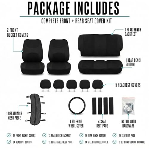 FH Group Full Set Cloth Car Seat Covers, Universal Fit Front and Split Bench Rear, Airbag Compatible, Washable for SUV, Sedan, Van - Black - color: Black
