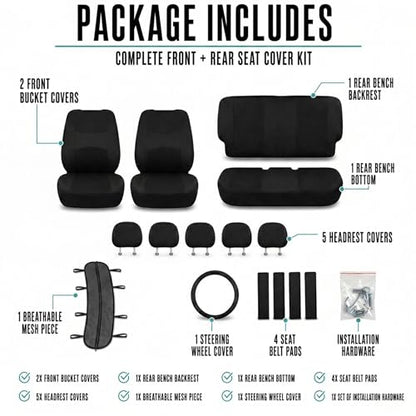 FH Group Full Set Cloth Car Seat Covers, Universal Fit Front and Split Bench Rear, Airbag Compatible, Washable for SUV, Sedan, Van - Black - color: Black