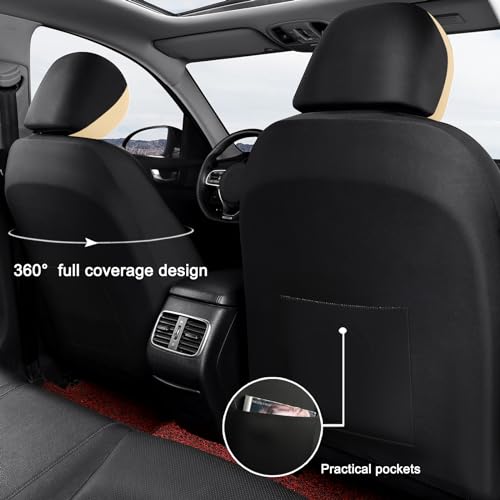 GIANT PANDA Front Car Seat Covers, Bucket Seat Covers, Leather Low Back Auto Seat Covers for Cars, Trucks, Jeep, Van, SUV, Pickup, Airbag Compatible (Beige+Black) - color: Beige(Separate headrest)