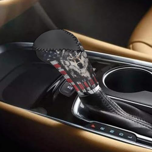 Wolf American Flag Printed 2 Pcs Car Handbrake Cover and Gear Shift Protector Sets for Women and Men, Soft Stretchy Car Handbrake Protector and Gear Shift Knob Cover, Universal Fits - color: Black and Red - Wolf American Flag