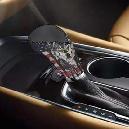 Wolf American Flag Printed 2 Pcs Car Handbrake Cover and Gear Shift Protector Sets for Women and Men, Soft Stretchy Car Handbrake Protector and Gear Shift Knob Cover, Universal Fits - color: Black and Red - Wolf American Flag