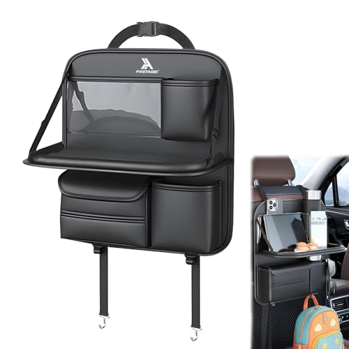 Universal Premium Leather Foldable Car Backseat Organizer with Table Tray, Seat Back Protector with Touch Screen Pad Phone Holder, Car Storage Pockets Tissue Holder with School Bags Hooks