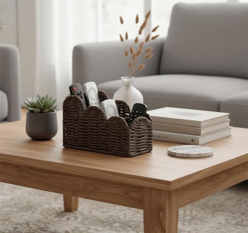 CubesLand Bedside Table Desk Organizer Caddy, Remote Pen&Pencil Holder Cup, Makeup Brush Holder w/Scalloped Perfect for Home, Office Desk, Living Room Table Decor, 3 Slots Brown - color: Brown