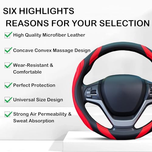 Concave Convex Massage Black Red Microfiber Leather Steering Wheel Cover, 14.5-15 Inch Non-Slip Breathable Microfiber Car Steering Wheel Protector - color: Embossed Massage - Black Red