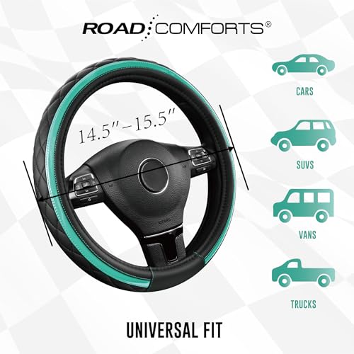 Road Comforts Leather Steering Wheel Cover – Black & Green Universal Fit 14.5-15 Inch, Microfiber Leather, Anti-Slip & Breathable Design for Men and Women - color: Green