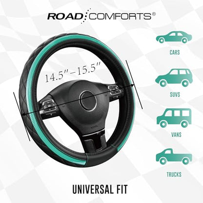 Road Comforts Leather Steering Wheel Cover – Black & Green Universal Fit 14.5-15 Inch, Microfiber Leather, Anti-Slip & Breathable Design for Men and Women - color: Green