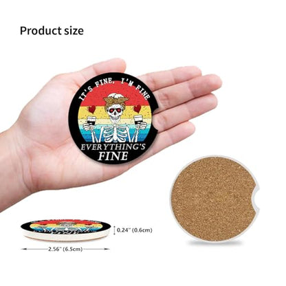Funny Skull with Coffee Ceramic Cup Holders Car Coasters Set for Women/Men,2.56" 2 Pack for Absorbent Cup Car Holders, Coasters with A Finger Notch - color: Funny Skull With Coffee