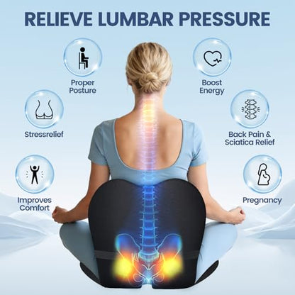 Lumbar Support Seat Cushion - Memory Foam Cushion for Office Chair, Car Seat, Airplane - Sciatica & Hip & Coccyx Pain Relief Desk Chair Cushion for Long Sitting Office Workers, Car Drivers