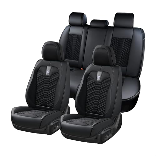 Coverado Car Seat Covers Full Set, 5 Seats Universal Seat Covers for Cars, Breathable Fabric& Faux Leather Auto Seat Cushions, Front and Rear Seat Protectors Fit for Most Sedans SUV Truck, Black - color: Soft-Black, size: FullSet
