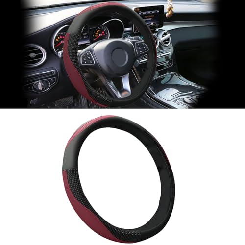 Car Steering Wheel Cover with Inner Circle, Upgraded 15 inch Leather Steering Wheel Protector for Men Women, Anti-Slip Breathable Car Interior Accessories for Most Cars (Wine Red) - color: Wine Red