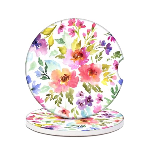 Watercolor Flower Car Coasters for Cup Holders, 2 Pack Absorbent Ceramic Car Cup Coasters Interior Accessories 2.56 Inch for Women Men - color: Watercolor Flower