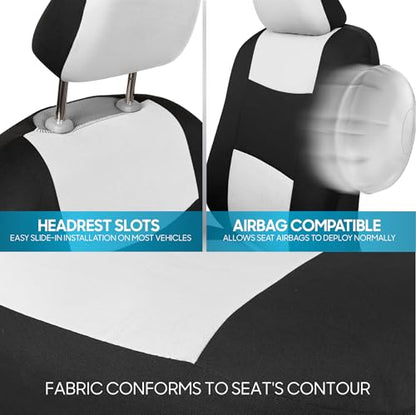BDK PolyPro Car Seat Covers Full Set in White on Black, Front and Rear Split Bench Seat Covers for Cars, Easy to Install Car Seats Cover Set and Accessories for Auto Trucks Van SUV - White - color: White