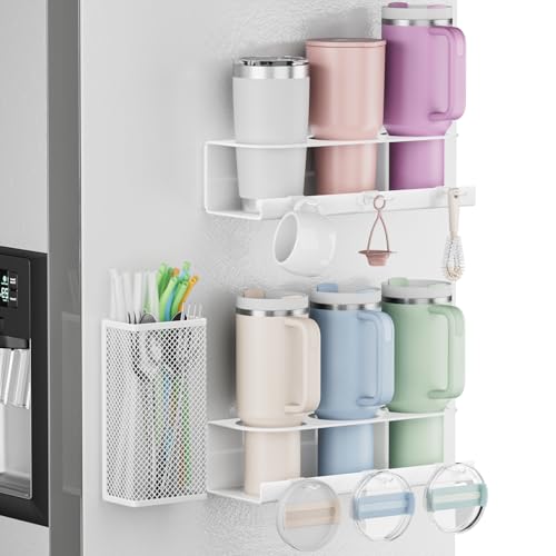 Magnetic Cup Holder For Stanley 20/30/40oz - 2 Pack Tumbler Organizer for Stanley - Water Bottle Organizer for Fridge with Straw Basket & 6 Hooks for Tumbler Cup Lids Accessories Organization White - color: White