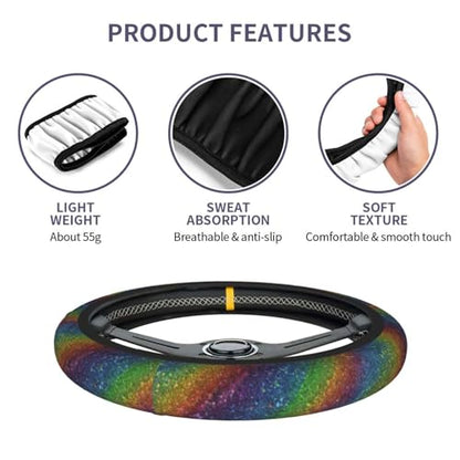 Rainbow Steering Wheel Cover Elastic Non-Slip Car Steering Wheel Covers with Seat Belt Shoulder Pad for Women Men - color: Rainbow