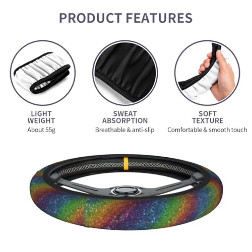 Rainbow Steering Wheel Cover Elastic Non-Slip Car Steering Wheel Covers with Seat Belt Shoulder Pad for Women Men - color: Rainbow