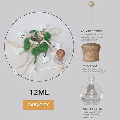 ROFIGL Handmade Crochet Hanging Car Air Freshener - Glow-in-the-Dark Lily of the Valley Plant with 12ml Refillable Essential Oil Diffuser Bottle, Halloween Car Accessories & Bedroom Nightlight Decor - style: Lily Ghost