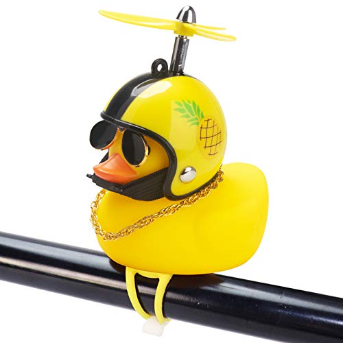 Rubber Duck Toy Car Ornaments Yellow Duck Car Dashboard Decorations Squeeze Duck Bicycle Horns with Propeller Helmet - color: Pineapple-Light