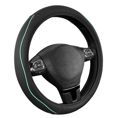 Road Comforts Leather Steering Wheel Cover with Decorative Trim and Piping, Anti-Slip Breathable Design, Fits 14.5–15 Inch Round Steering Wheels, Snug Fit, Stylish Interior Upgrade - Mint - color: Mint