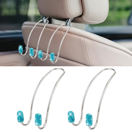 2PCS Car Headrest Hook Hangers, Bling Stainless Steel Car Backseat Holder, Strong Car Headrest Storage Hooks, Universal Car Organizers Accessories for Coats Umbrellas Grocery Handbags (Blue) - color: Blue