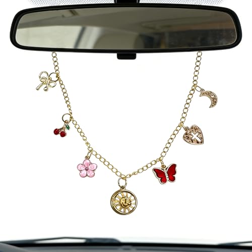 Rearview Mirror Charm for Car,Gold Car Hanging Accessories with Cross Bow Cherry Pink Daisy Sun Butterfly Moon Gifts Cars Decor,Christian Faith Car Accessories Decor,Religion Gifts for Drivers - color: Golden Sun