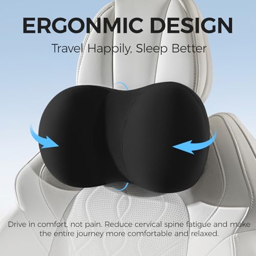 BABUR Car Headrest Pillow, 100% Memory Foam Softness Neck Support Pillow, Universal Fit Head Rest Travel Pillow for Pain Relief While Driving, Breathable Washable Cotton Fabric (Black) - color: Black