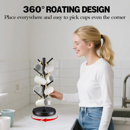 Bamboo Mug Holder Tree - Upgraded 360° Rotating 8 Hooks Coffee Cup Rack, Sturdy No-Tool Assembly Counter Organizer for Mugs, Jewelry & Accessories, Eco-Friendly Wood Stand(Black) - color: Black