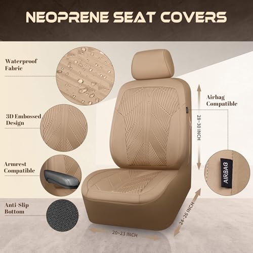 CAR PASS Waterproof Car seat Covers Full Sets Neoprene Wetsuit, All-Weather Non-Slip Durable, Universal Fit for SUV Sedans Trucks Vans Automotive, Armrest Airbag Compatible, 3D Emboss All Beige - color: ALL Beige, size: Full Set