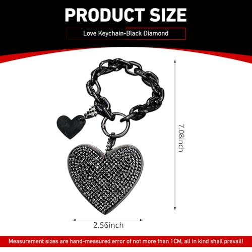 Cute Heart Keychain, Pretty Bling Key Chain Accessories, Sparkling Diamond-Studded Microfiber Leather Car Keyring Wristlet - color: Black