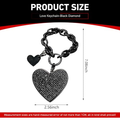 Cute Heart Keychain, Pretty Bling Key Chain Accessories, Sparkling Diamond-Studded Microfiber Leather Car Keyring Wristlet - color: Black