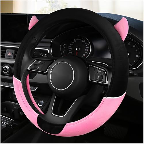 Fuzzy Pink Steering Wheel Cover with Ears Soft Cute Steering Wheel Protector Universal 15 Inch, Lovely Decor Car Accessories Soft Plush for Winter Warm