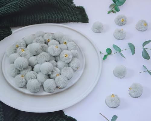 Tupalizy 50PCS Fluffy Pom Poms Charms Soft Fuzzy Faux Fur Puff Ball Pendant for Keychains Bracelets Earrings Jewelry Making Tassels Bags DIY Crafts Party Favors Gifts Accessories - color: Grey