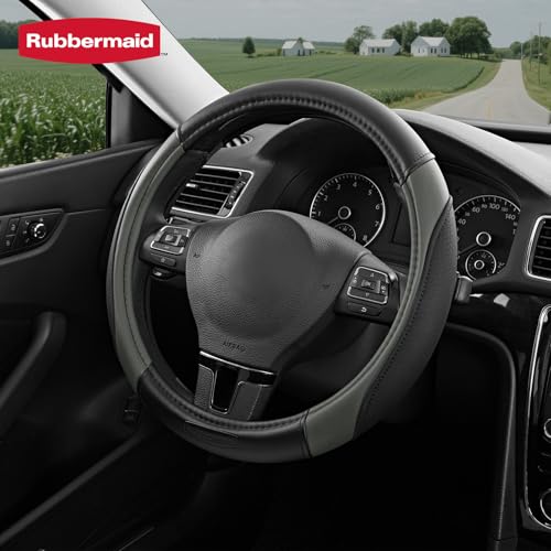 Rubbermaid Steering Wheel Cover – Universal Fit 14.5"–15" Steering Wheel Cover, Anti-Slip Grip, Breathable Leather, All-Season Protection, Interior Upgrade for Cars, Trucks, SUVs - Gray - color: Grey