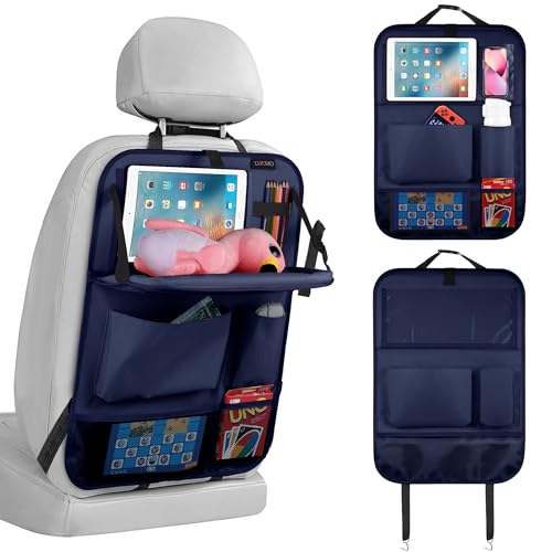 LUCMO Car Backseat Organizer with Tablet Holder,6 Storage Pockets Car Storage Organizer with Foldable Food Tray,Seat Protectors Kick Mats Travel Accessories-Dark Blue - color: Navy Blue, size: 1 Pack with Food Tray