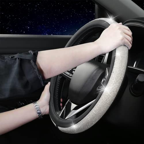 Bling Diamond Leather Steering Wheel Cover, Pink Steering Wheel Covers for Women Girls with Crystal Rhinestones, Universal Fit 14.5-15 Inch Car Steering Wheel Bling Cover Accessories - color: Black
