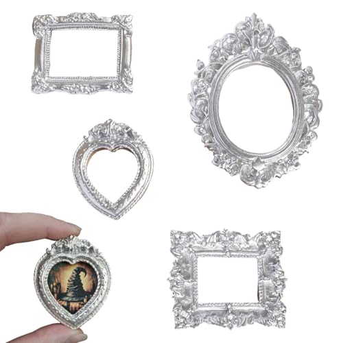 Miniature Dollhouse Accessories 4 Pcs Dollhouse Picture Frames Doll House Furniture for Handmade Lovers and 1:12 Scale Dollhouse Enthusiasts (Silver) - color: Silver Frames