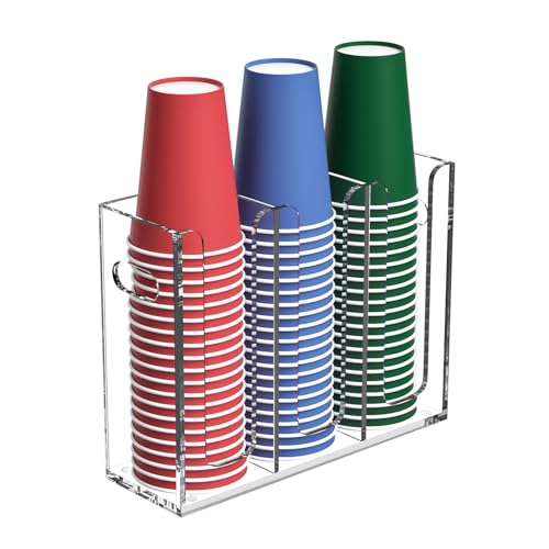 Disposable Coffee Cup Dispenser with Handles, Countertop or Wall Mount Hot/Cold Drink Cup and Lid Holder - Bathroom/Kitchen/Office Acrylic Cup Lid Storage Organizer (3 Compartments, Clear)