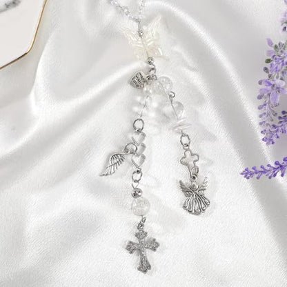 Angel Cross Rear View Mirror Charm - Crystal Angel Wing Pendant Hanging Chain, Religious Cross Car Suncatcher Ornament, Spiritual Car Interior Decor Gift for Women - style: Angel Cross