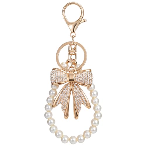 2 Pcs White Rhinestone Bowknot Keychain Imitation Pearl Chains Sparkly Bow Purse Charm Bag Charms for Handbags Purse Backpacks Handbag Charms Keychain Accessories for Women