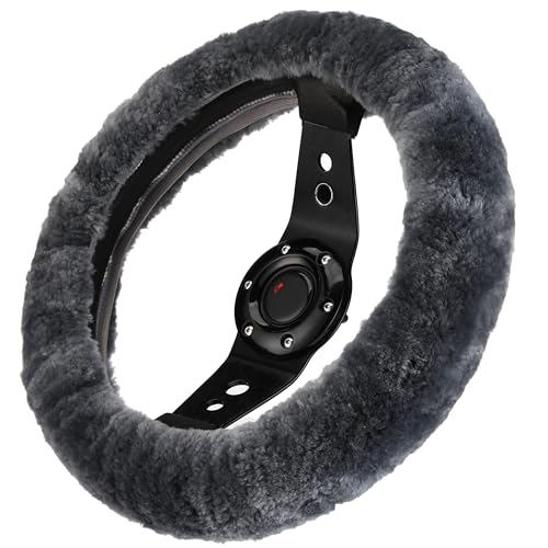 Andalus Brands Luxury Fluffy Car Steering Wheel Covers – Genuine Merino Sheepskin, Soft Fuzzy Car Steering Wheel Cover for Women, Universal 14.5-15" Size, Plush Fur Cute Auto Accessories, Carbon Black - color: Carbon Black