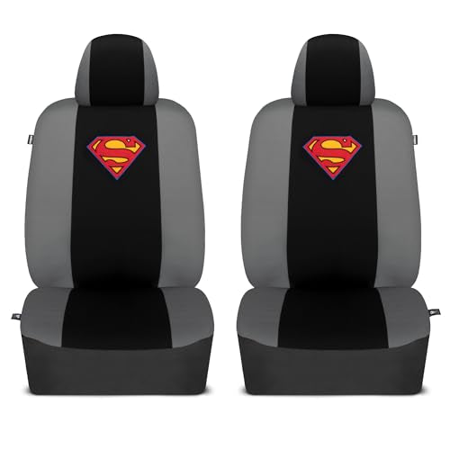 BDK Warner Brothers DC Superman Front & Rear Car Seat Covers Full Set - Easy to Install Durable & Polyester Car Seat Cover - All Vehicles Airbag Compatible Universal Car Accessories (Black & Gray) - size: Full Set, style: Superman