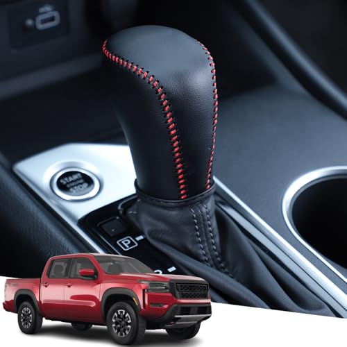 PU Leather Automotive Gear Shift Knob Cover Protector Trim Car Interior Accessories(Red Stitches) for Nissan Frontier 2022 2023 2024 2025 2026 - color: Red Stitches