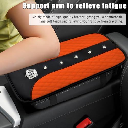 Bling Crown Car Center Console Mats, Anti-Slip and Waterproof Crystal Car Armrest Pad Protector, Universal Rustproof Armrest Decor Cushion for Cars & SUVs, Car Accessories (Orange) - color: Orange