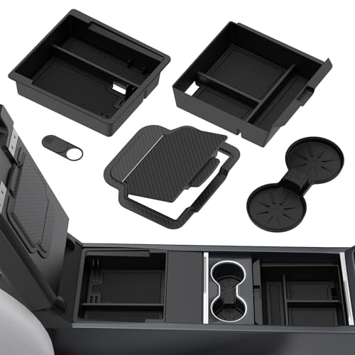 5-PCS Center Console Organizer for Tesla Model Y Juniper 2025-2026 & Model 3 Highland 2024-2026 Accessories – Sliding Tray, Hidden Storage, Cup Holder, Camera Cover, Noise-Reducing, Easy Install